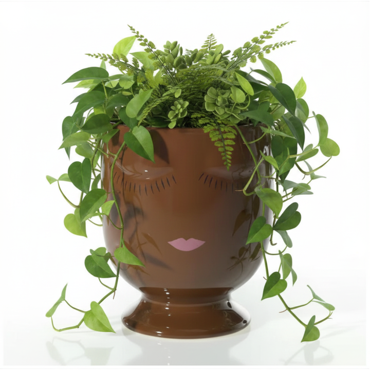 Decorative planter shaped like a face with green plants on a white background