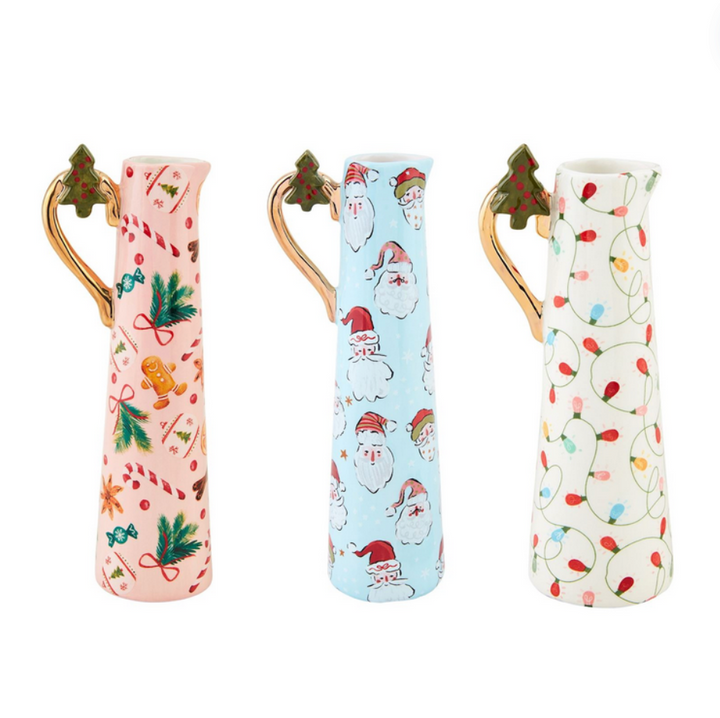 Set/3 Christmas Pattern Pitcher-Style Bud Vases