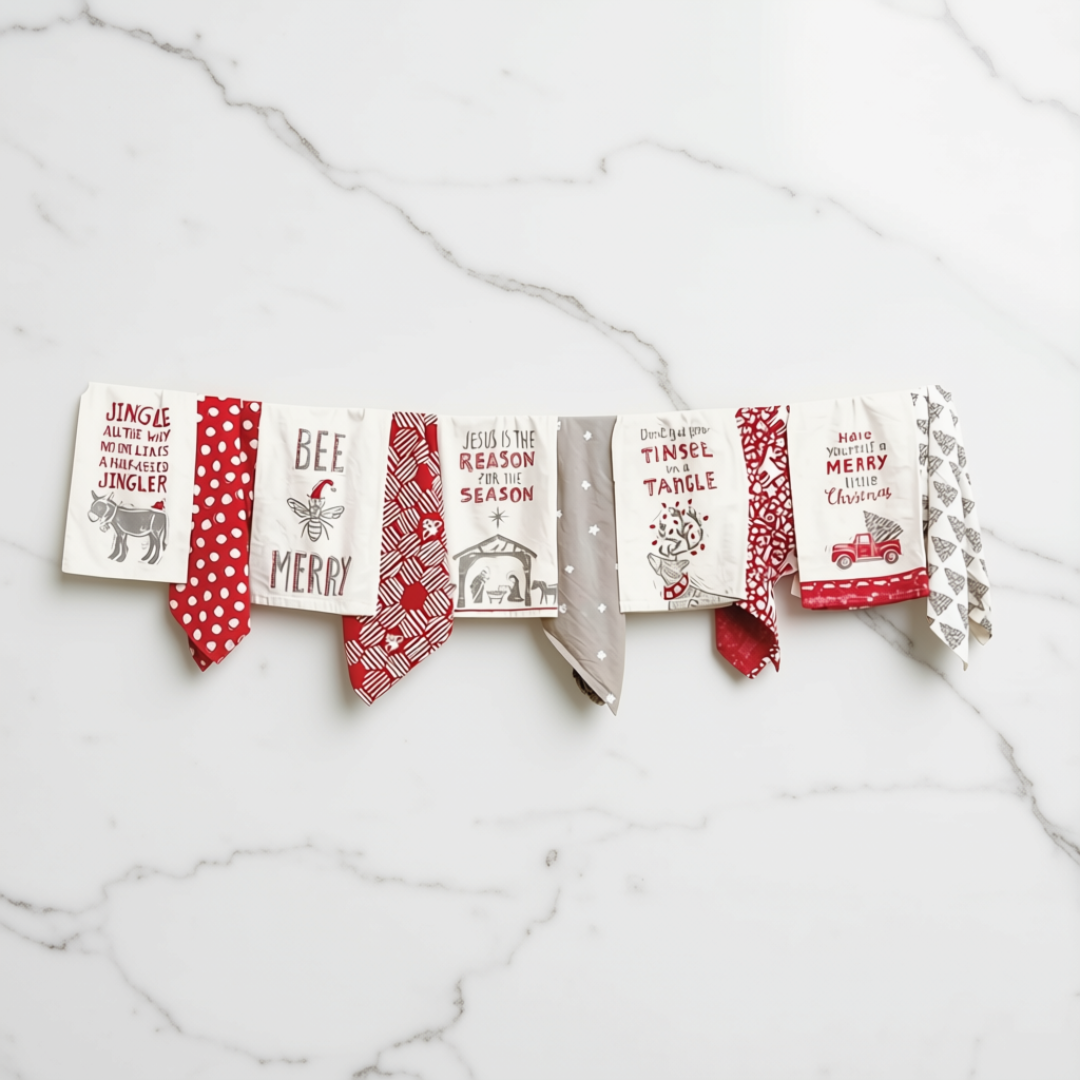 A festive fabric garland banner with multiple small white fabric tags printed with holiday-themed phrases and red patterned ribbon accents, laid flat on a white marble surface.