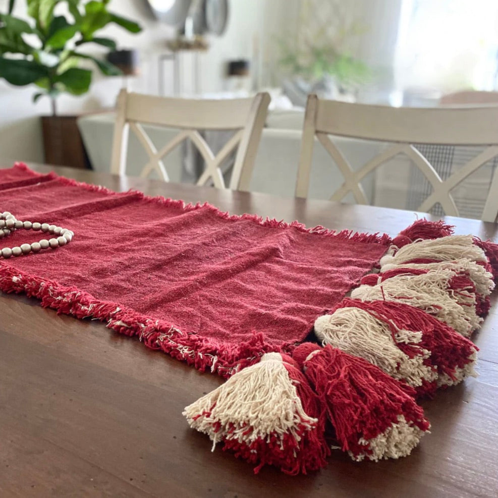 Chunky Tassel Red Table Runner