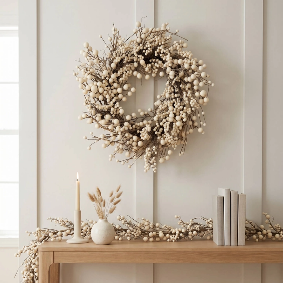 A round dried floral wreath made of cream ivory berries and branches hangs on a light paneled wall above a wooden console table styled with a candle, vase, books, and matching garlands.