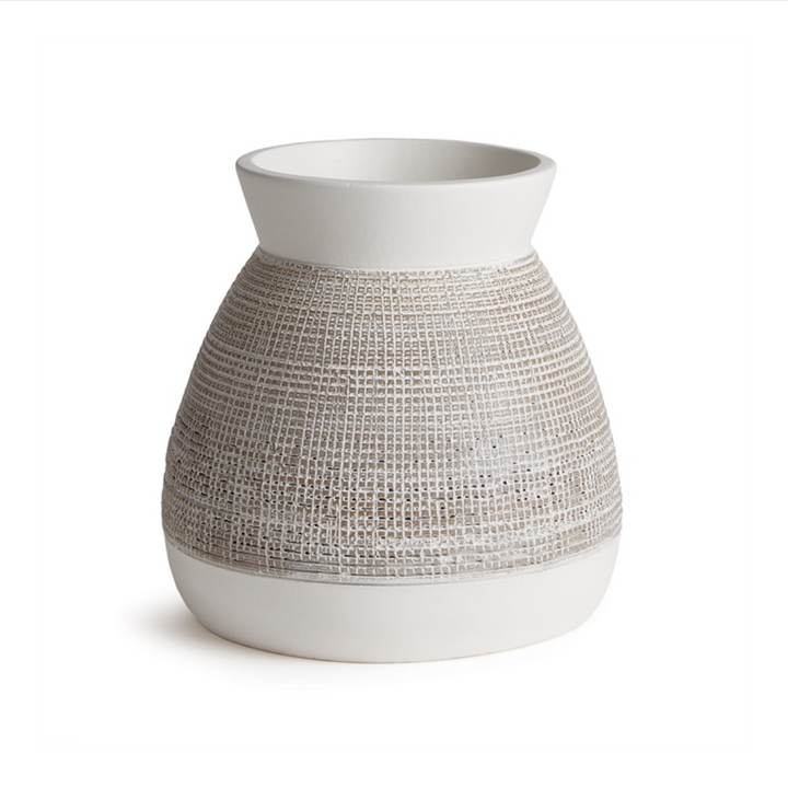 A beige and white ceramic vase with a smooth glaze on the top and crosshatched texture in the midsection, isolated on a white background.
