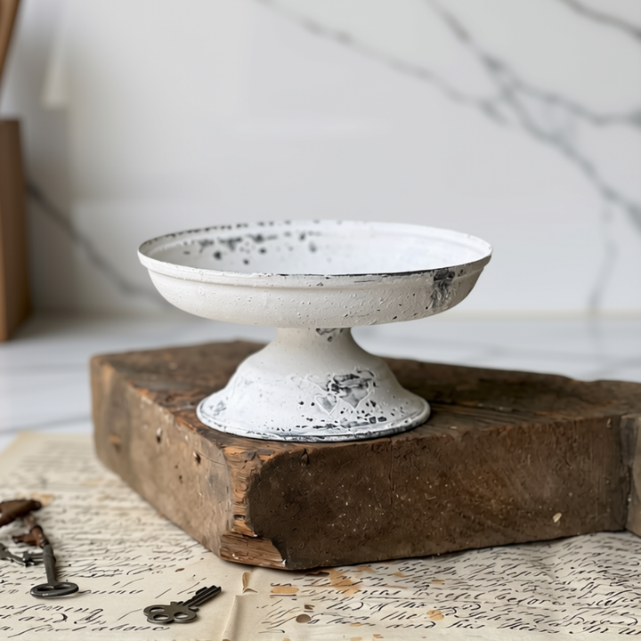 A distressed white pedestal plate with black speckled distressing, displayed on a rustic wooden block over an old printed sheet with keys.