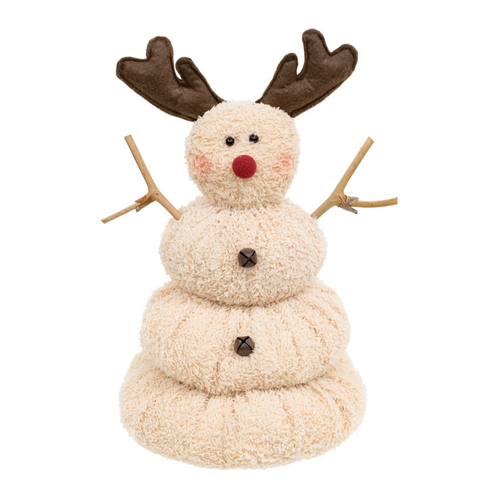 Snowman reindeer toy with brown antlers on a white background
