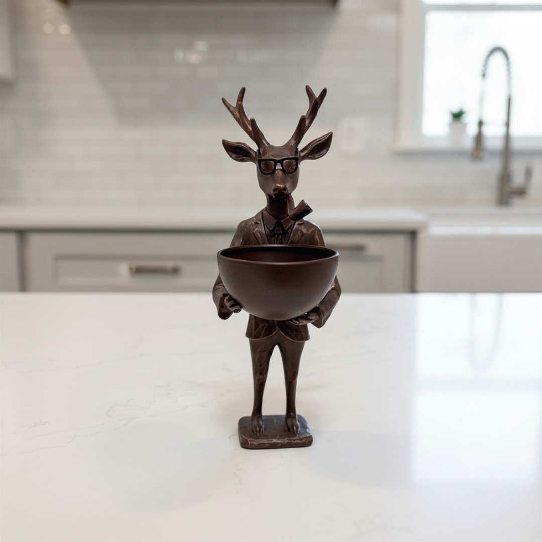Decorative bronze deer figurine holding a bowl on a kitchen counter.