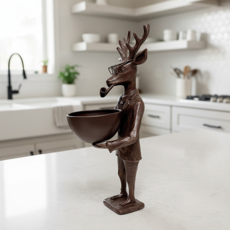 Decorative bronze statue of a deer holding a bowl on a kitchen counter.