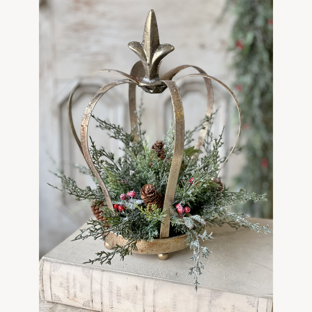 Decorative metal crown with a small potted plant inside on a textured surface.