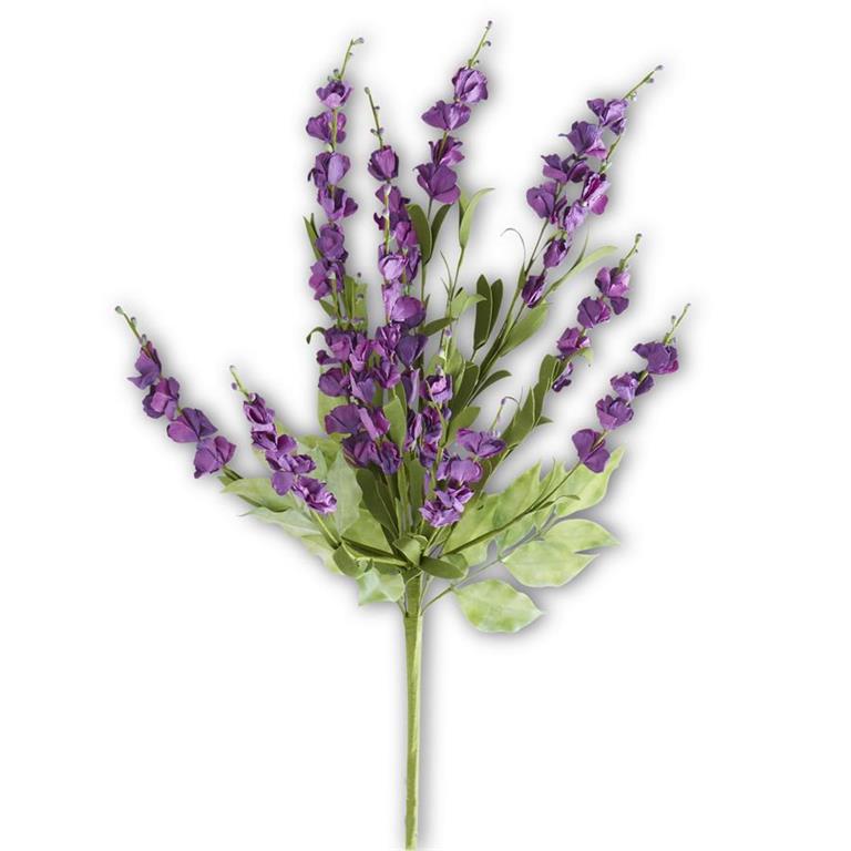 Artificial deep purple lavender spray with green foliage, designed for home decor.