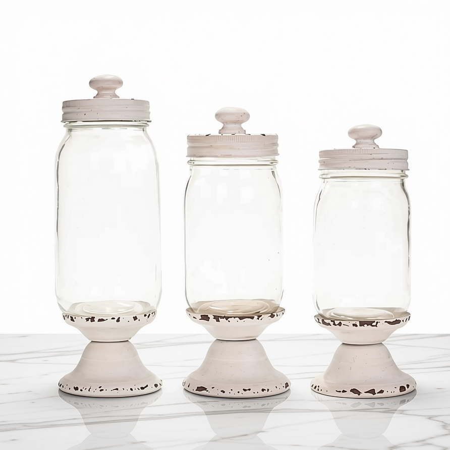 Three clear glass canister jars with distressed off-white lids and bases, arranged in descending size on a white marble surface against a white background.