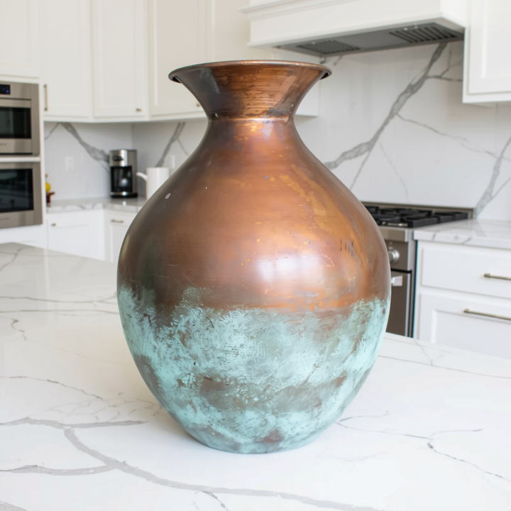 A large copper-colored metal vase with a distressed turquoise patina at the base, displayed on a white marble kitchen countertop.