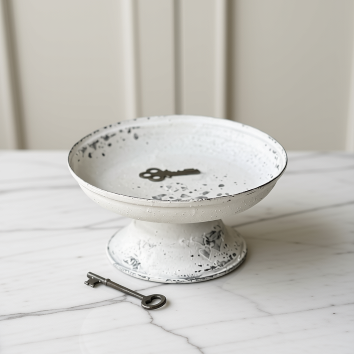 A distressed white metal pedestal plate with black speckles and a small dark key resting inside, with another matching key placed in front on a white marble surface.