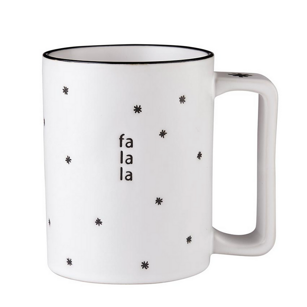 A white ceramic mug with the text 'FA LA LA' and star icons on it.