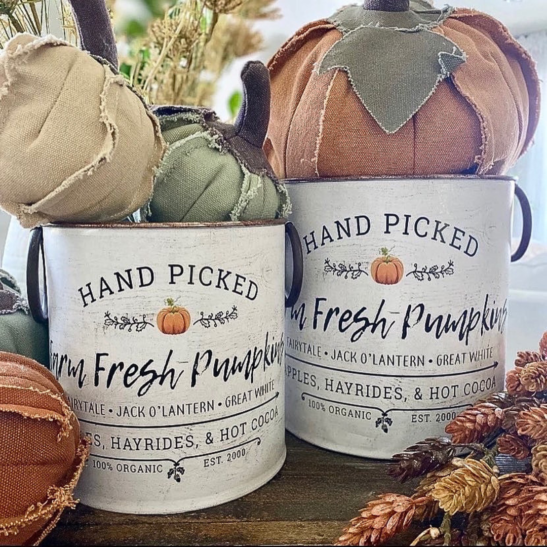 Two white containers labeled 'Hand Picked Farm Fresh Pumpkins' with fabric pumpkins on a wooden surface.