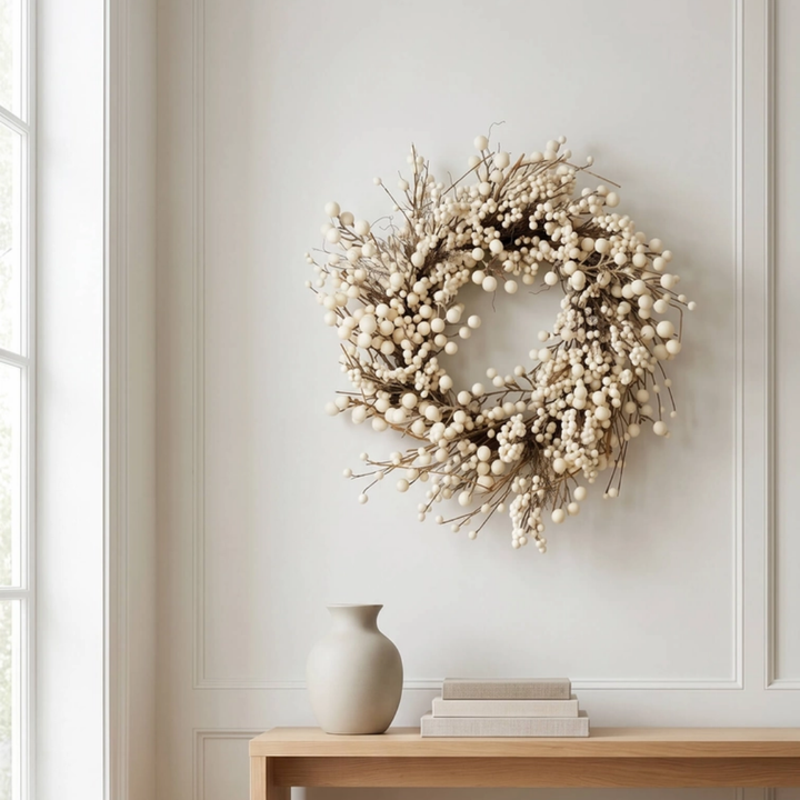 A round dried floral wreath made of cream-colored berries and tan branches, hanging on a white paneled wall above a light wood console table with a small vase and books.