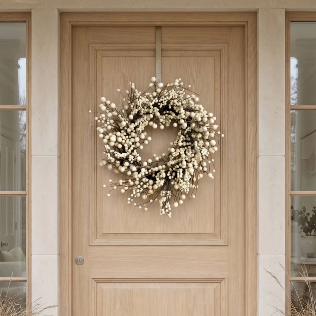 A round winter wreath with cream-colored berries and small brown twig stems, hanging on the center panel of a light wood front door.