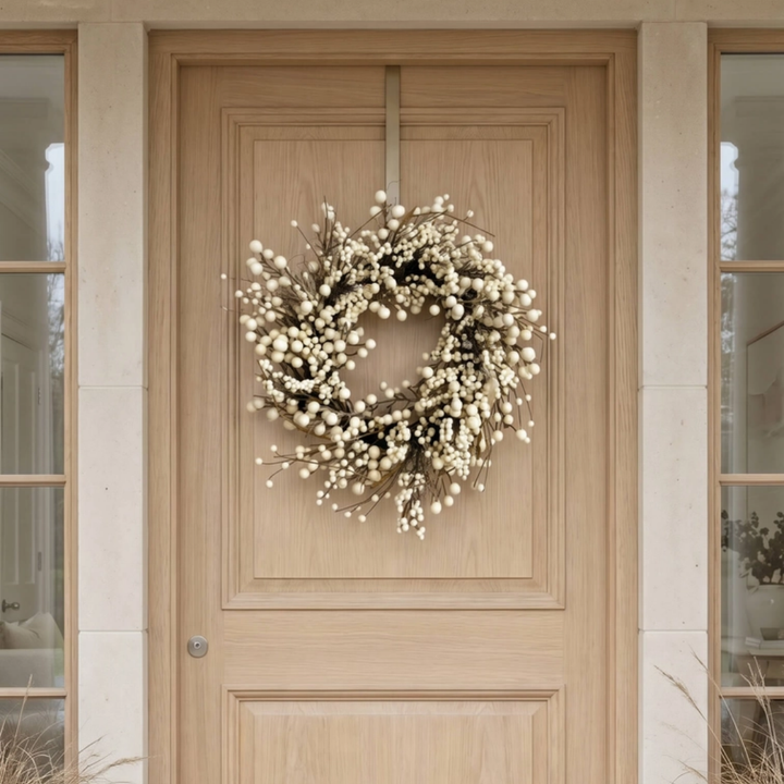 A round winter wreath with cream-colored berries and small brown twig stems, hanging on the center panel of a light wood front door.