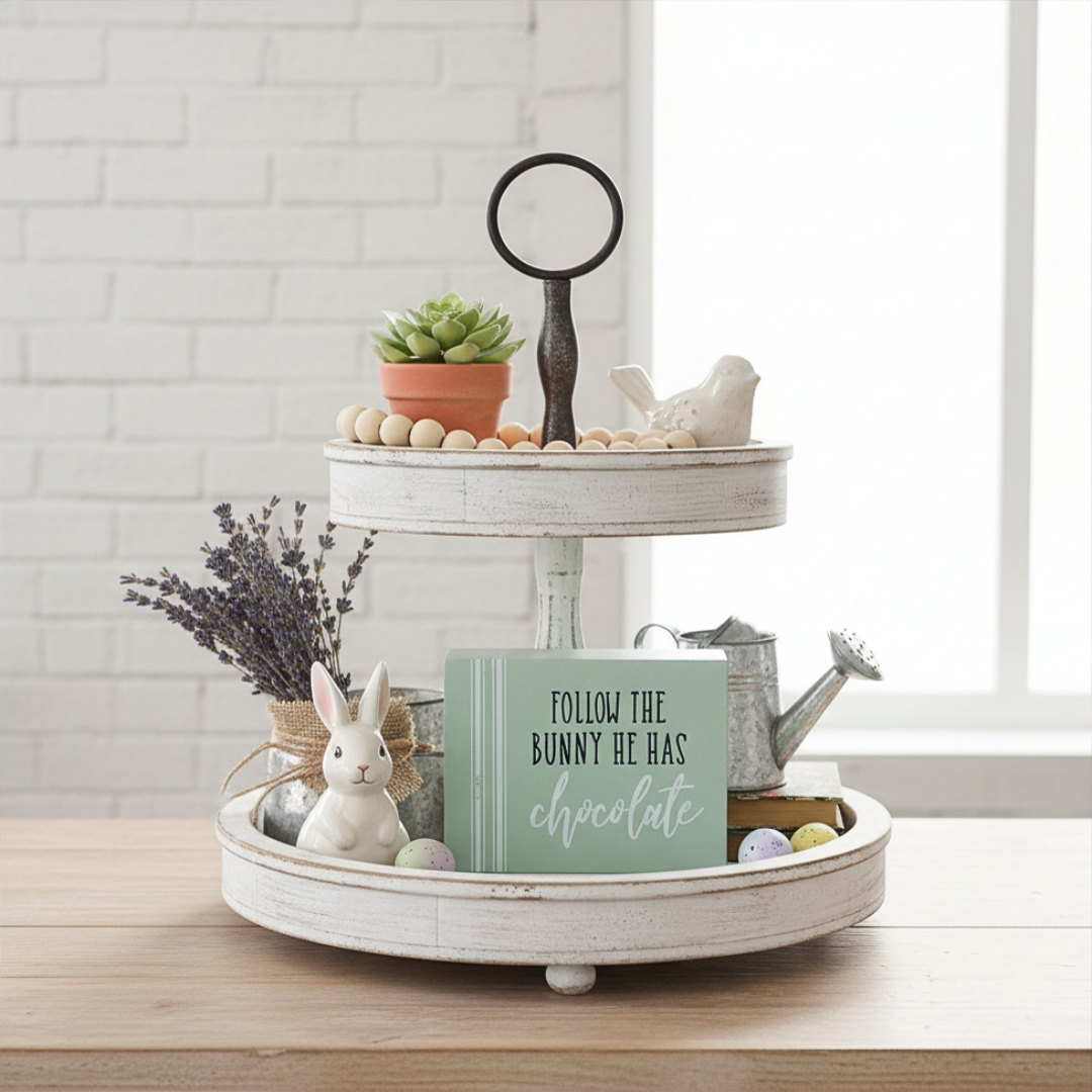 Two-tiered decorative tray with Easter-themed items on a wooden surface.