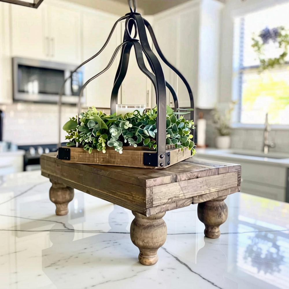 A rustic wooden Footed Serving Stand is crafted from planked pine wood and features distinctive hand-turned pedestal feet set on a white marble kitchen island.