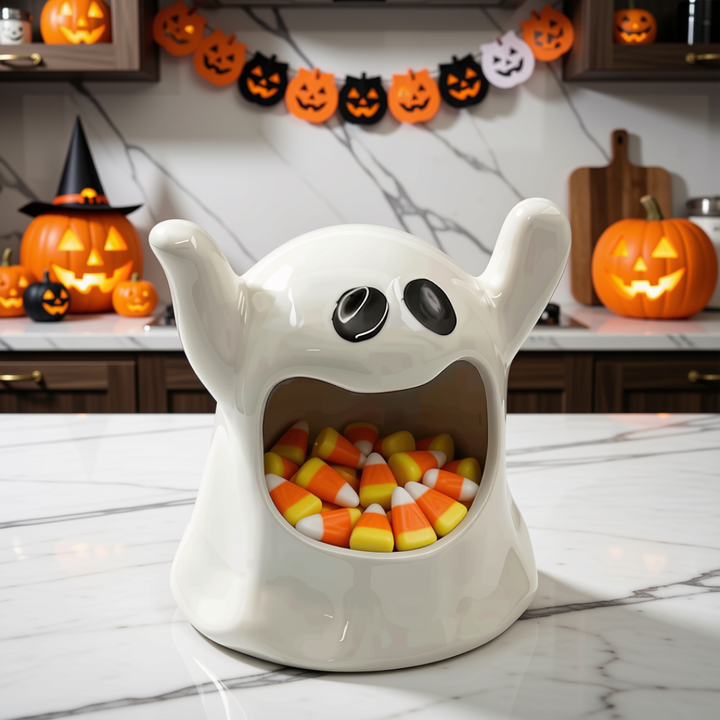 A white ceramic ghost-shaped candy bowl filled with orange, yellow, and white candy corn, set on a white marble kitchen countertop with Halloween decorations in the background.