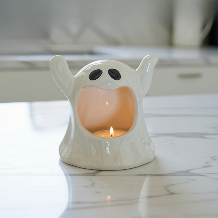 A white ceramic ghost-shaped candle holder with a lit tea light candle inside, set on a white marble countertop with a blurred kitchen background.
