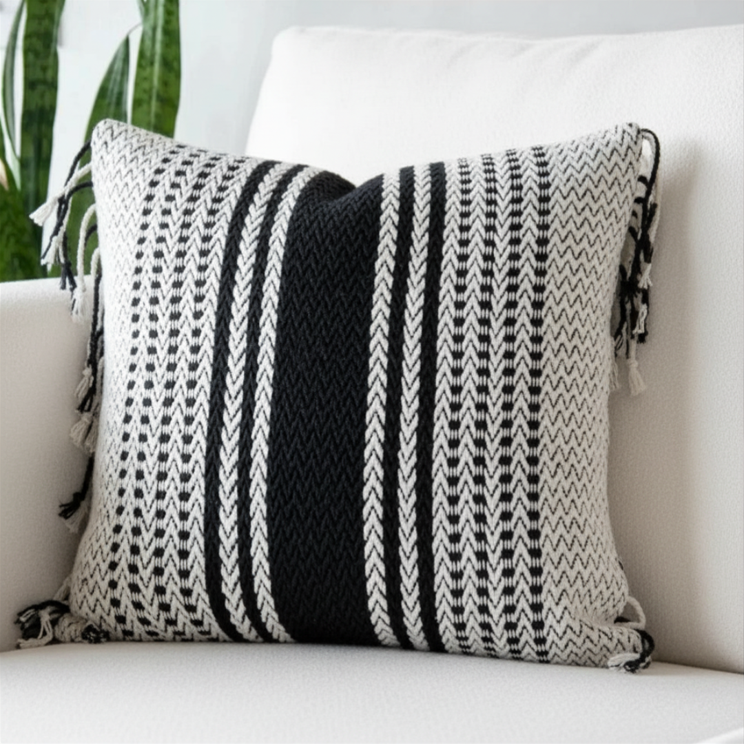 Black and white striped pillow with tassels on a white couch