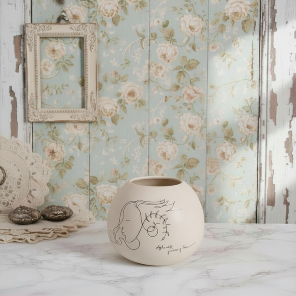 Decorative vase with artistic design on a marble surface with floral wallpaper in the background