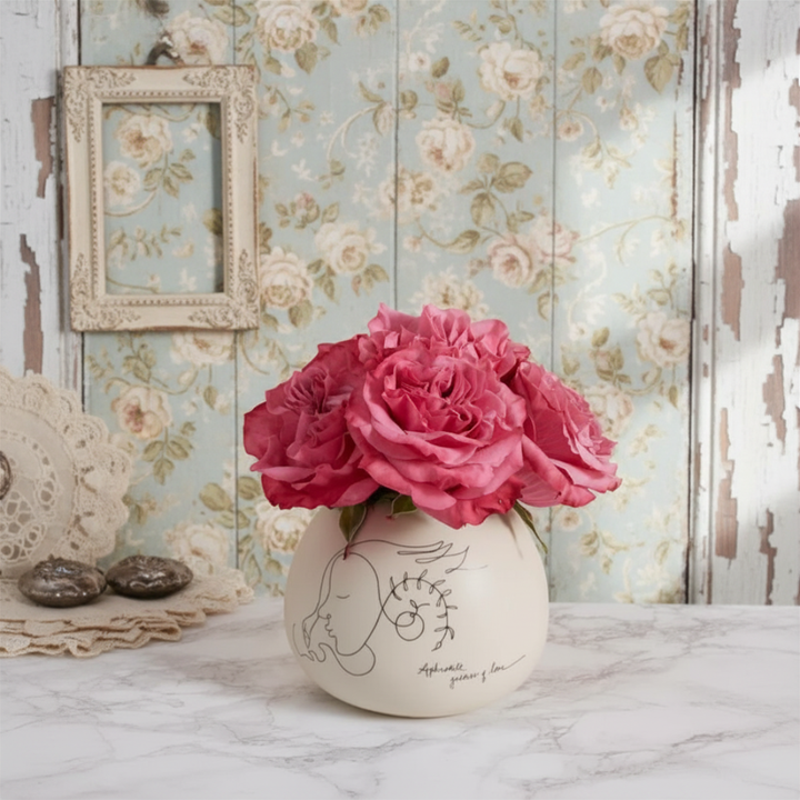 Pink roses in a decorative vase against a floral wallpapered wall.