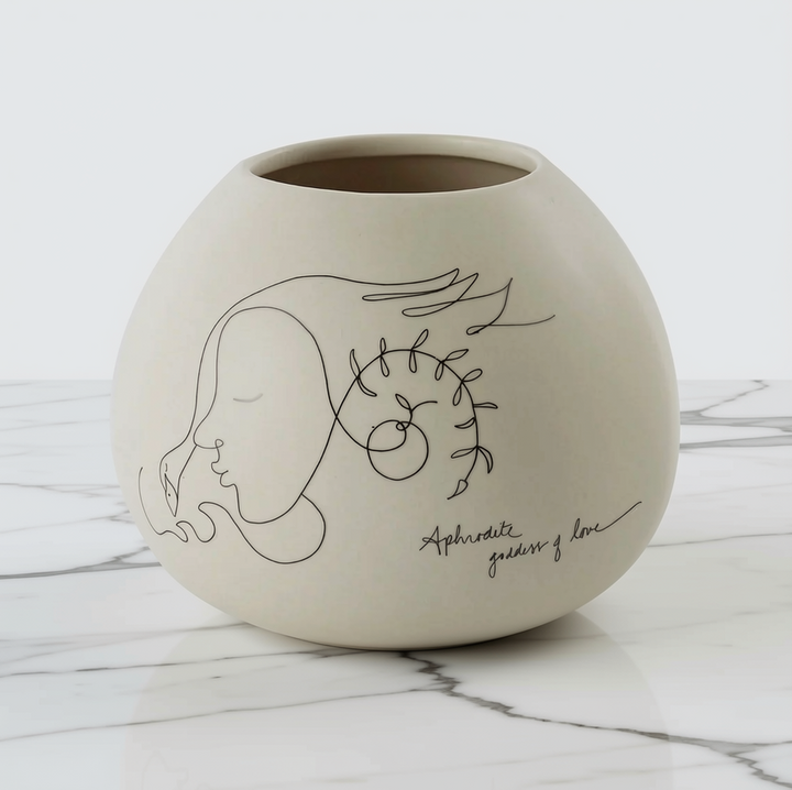 A round, matte ceramic planter vase in a warm off-white/cream color, featuring a minimalist black line art design of a woman's profile, hair, and a flower, with the cursive text 'Aphrodite gives me love' on a white marble surface.