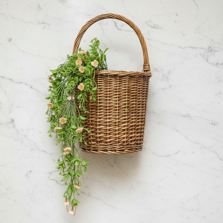 Wicker wall basket with plants against a marble wall