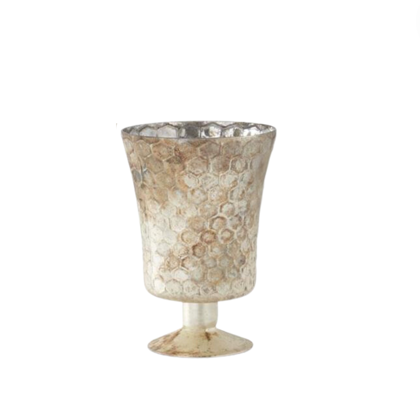 A set of champagne gold mercury glass vases with a honeycomb pattern, displayed with flowers in one of the larger vases.