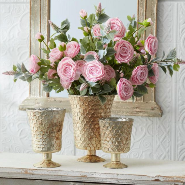 Honeycomb Champagne Mercury Glass Fluted Vases with pink roses