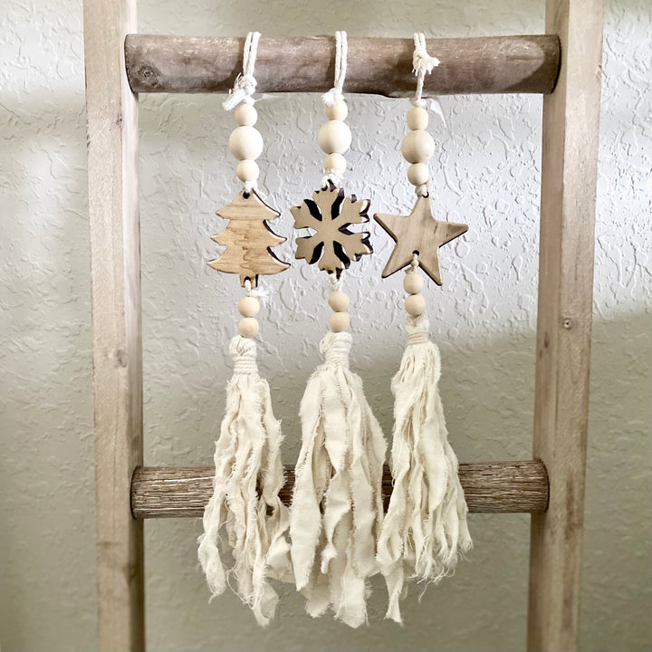 Wooden Charm Ornaments With Beads & Tassels