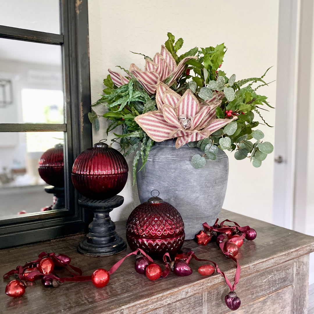 Burgundy Embossed Mercury Glass Ornament Garland On Velvet Ribbon