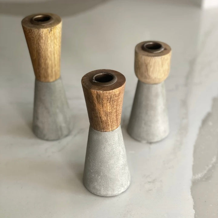 Set/3 Mango Wood & Cement Candle Holders