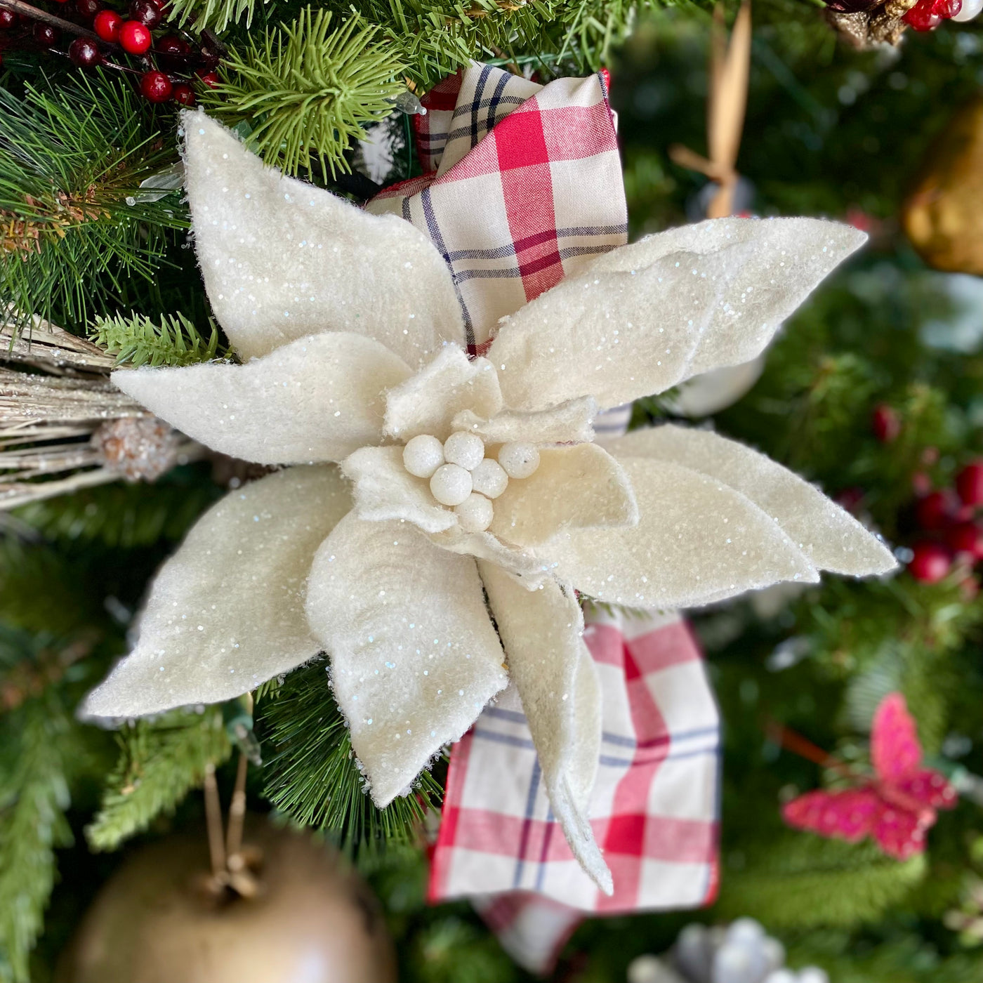 Glittered Velvet Poinsettia Stem