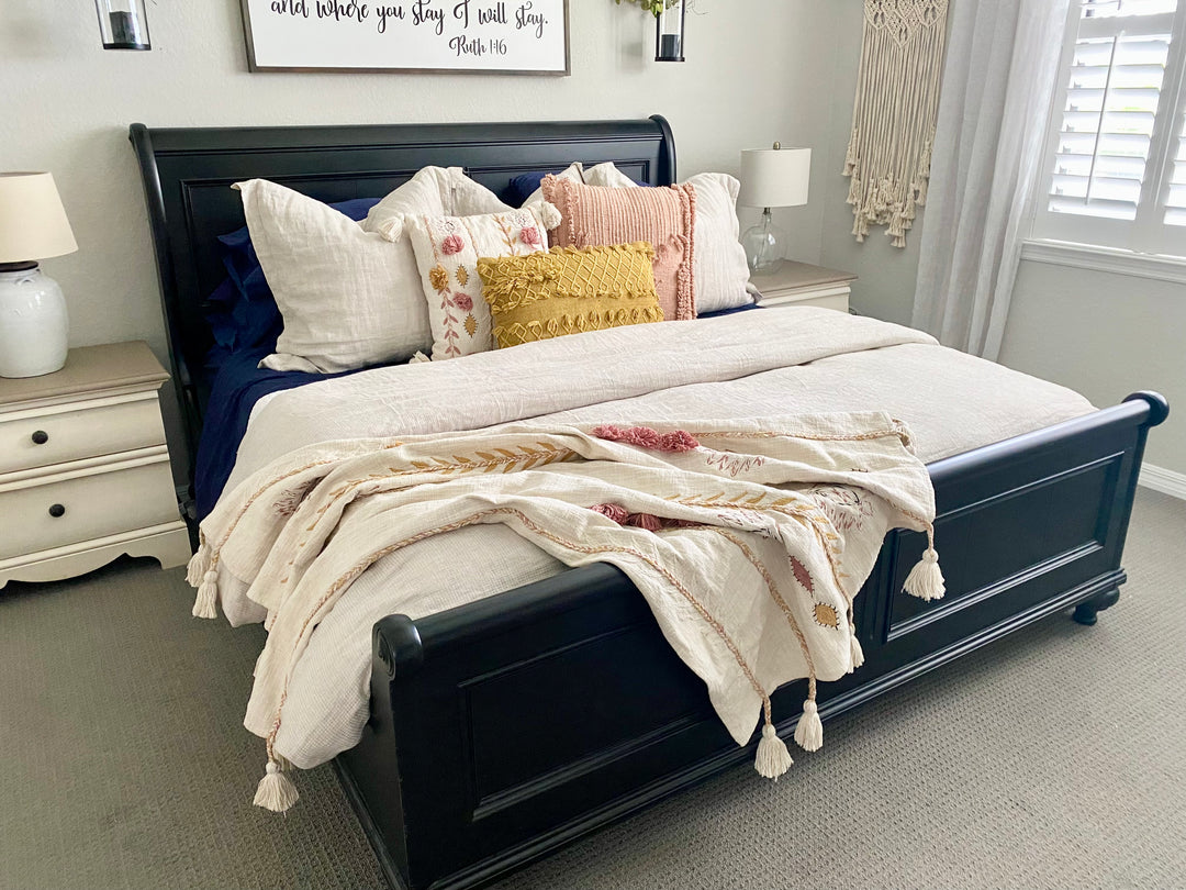 Embroidered Cream Cotton Throw Blanket with Tassels & Applique