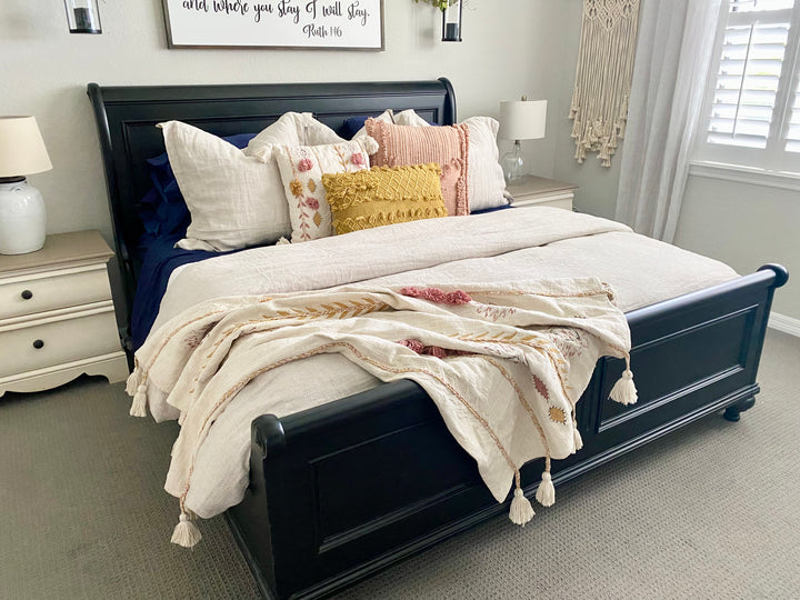 Embroidered Cream Cotton Throw Blanket with Tassels & Applique