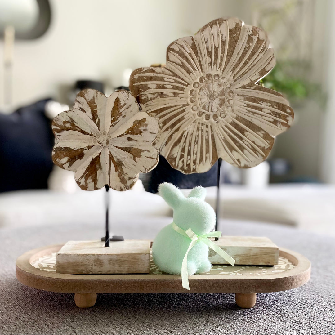 Set/2 Whitewash Wooden Flowers On Stands