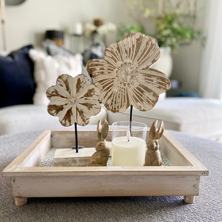 Set/2 Whitewash Wooden Flowers On Stands
