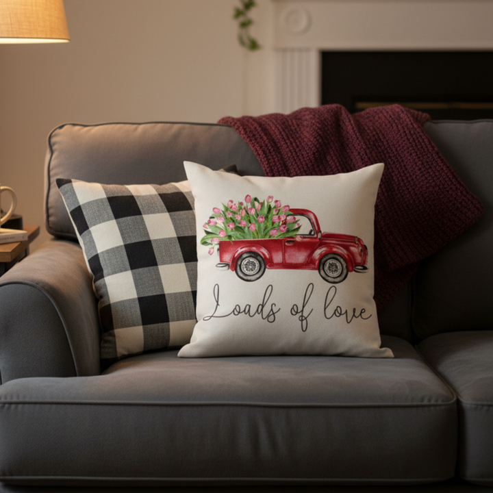 Decorative pillow with a red truck and flowers design on a gray couch.