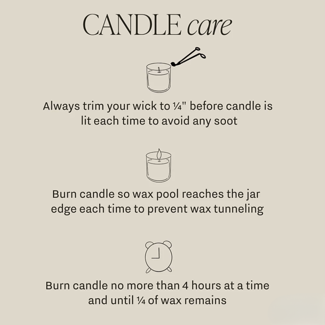 Candle care instructions with illustrations on a beige background