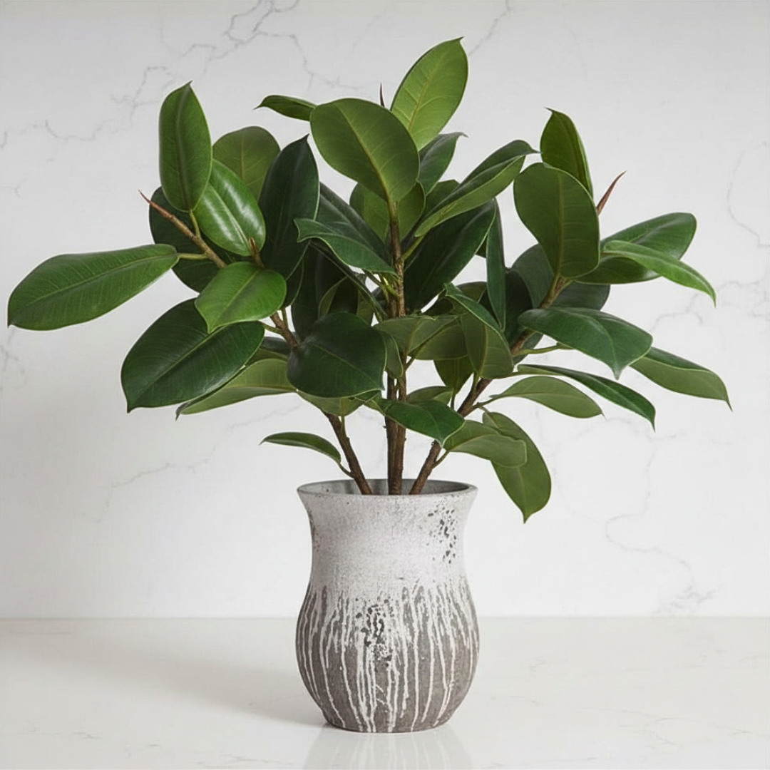 A handcrafted gray and white cement vase with a raw clay texture, containing a ficus plant.