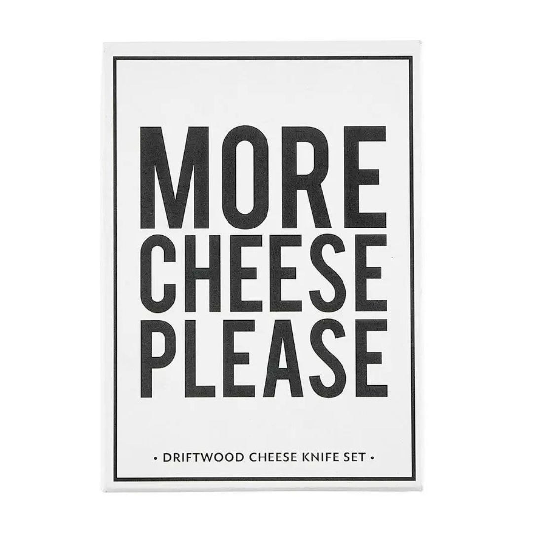 'More Cheese Please' Driftwood cheese knife set text on a white background