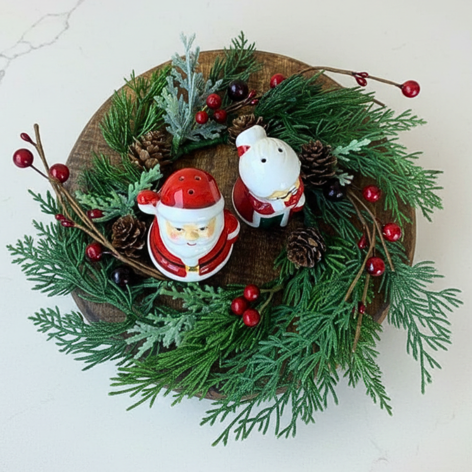Decorative wreath with Santa Claus figurines on a marble surface