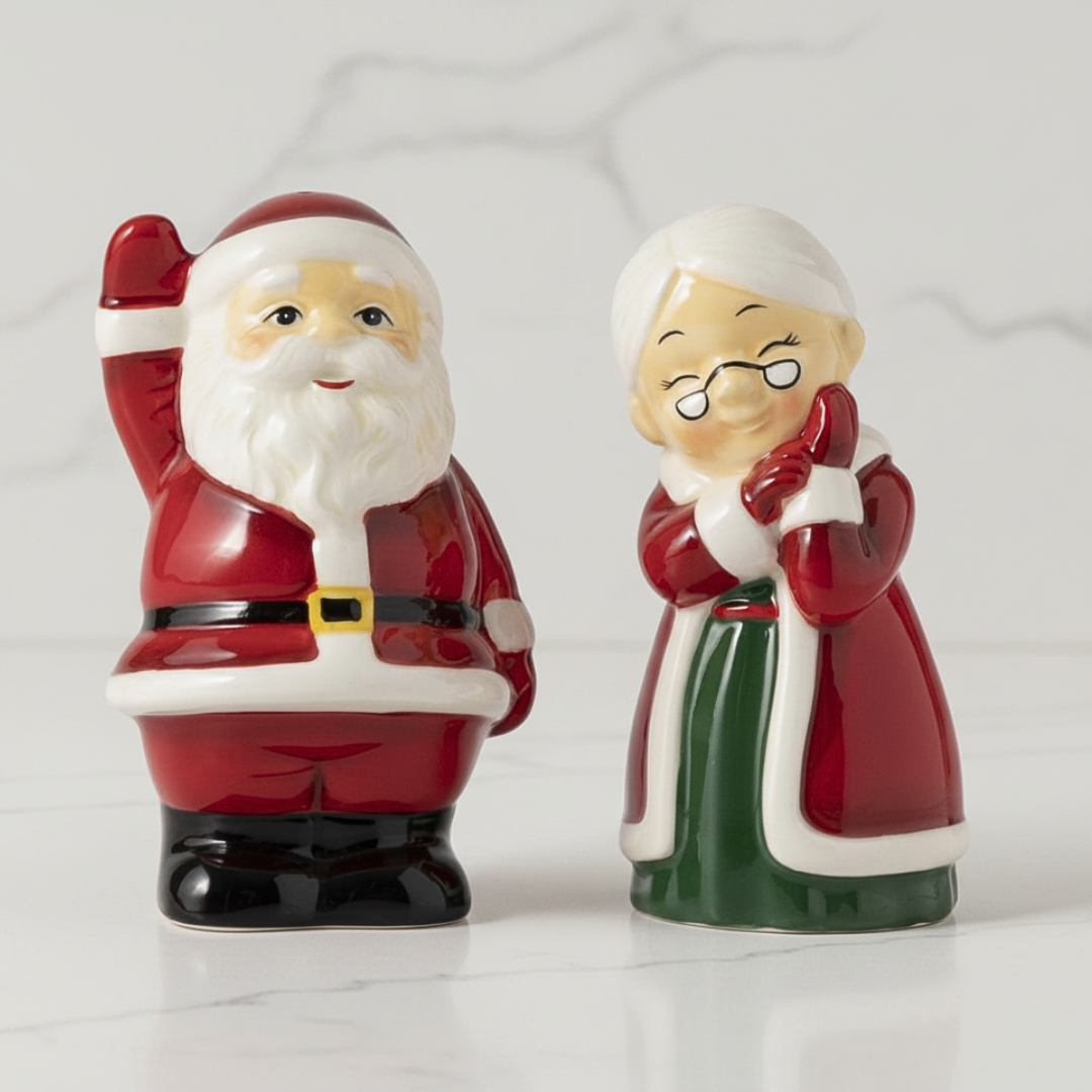 Two ceramic figurines of Santa Claus and Mrs. Claus on a white background