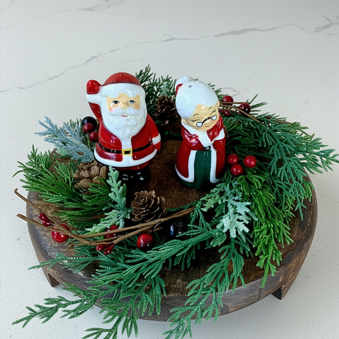 Decorative set with Santa Claus figurines on a wooden base with greenery and berries.
