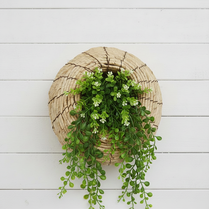 Woven basket with hanging plants on a white wooden background