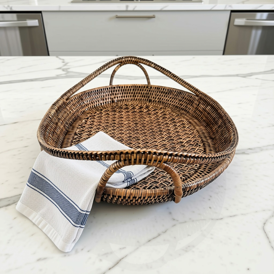 An oval woven rattan serving tray with two loop handles sits on a white marble kitchen countertop, with a folded white kitchen towel draped over one handle.