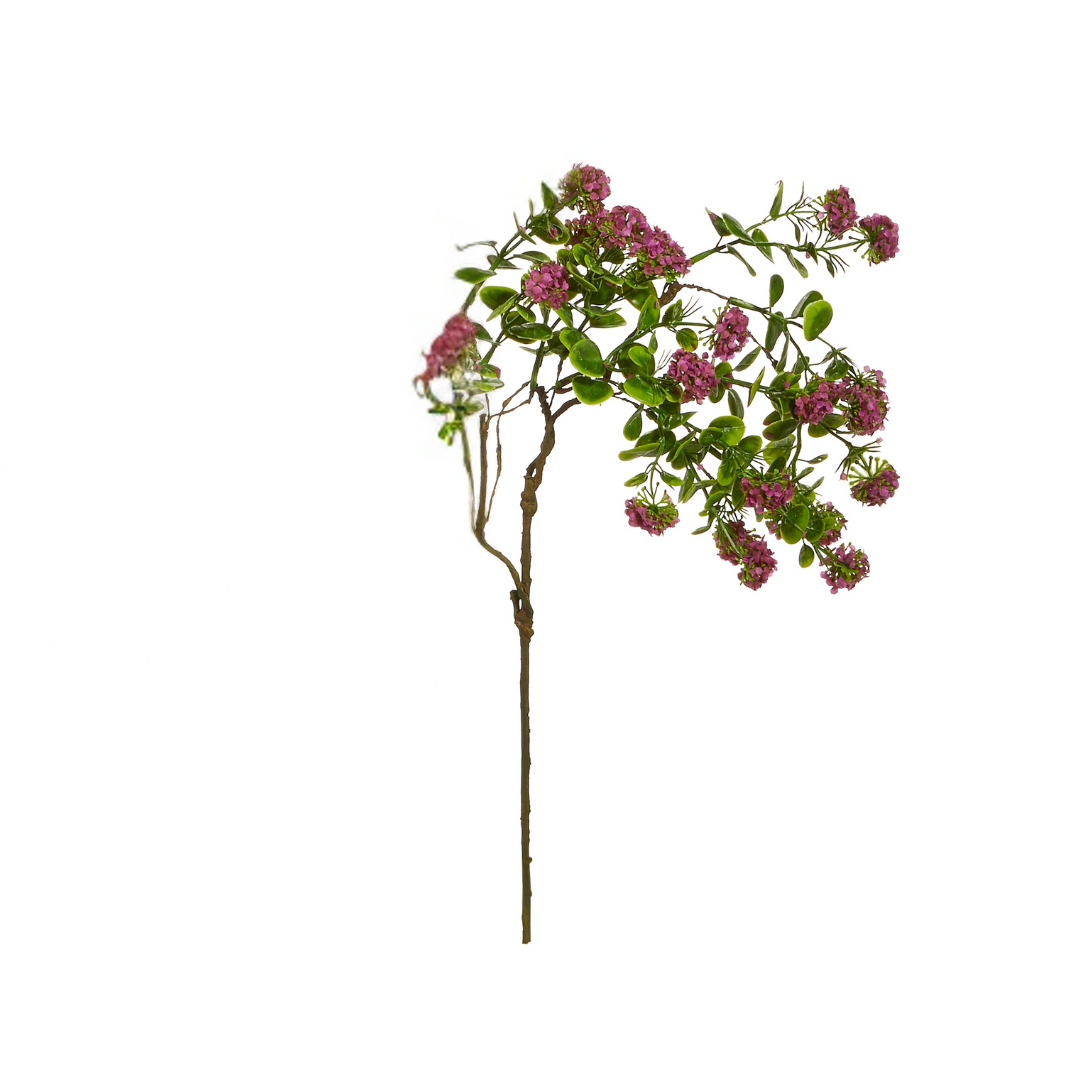 Artificial plant with pink flowers and green leaves on a white background