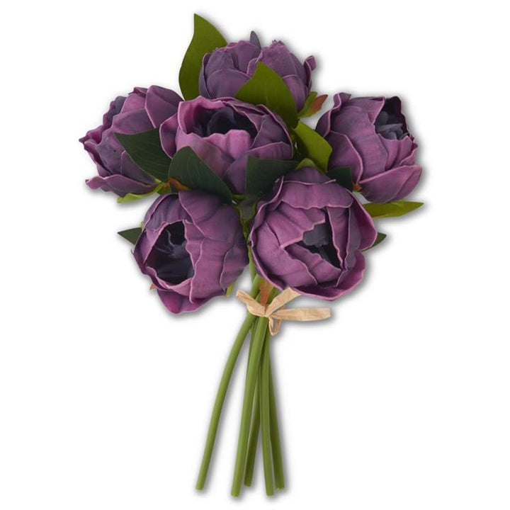 A bouquet of artificial purple peony flowers with realistic texture and green leaves, tied together with raffia.